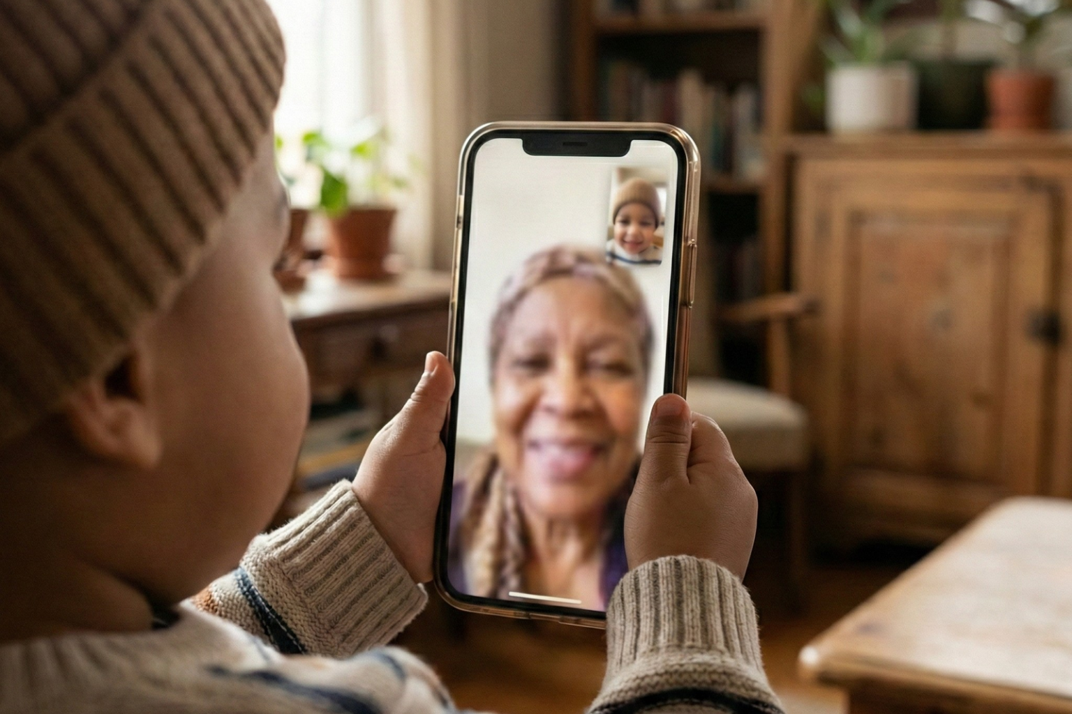 A little boy on a video call with grandma